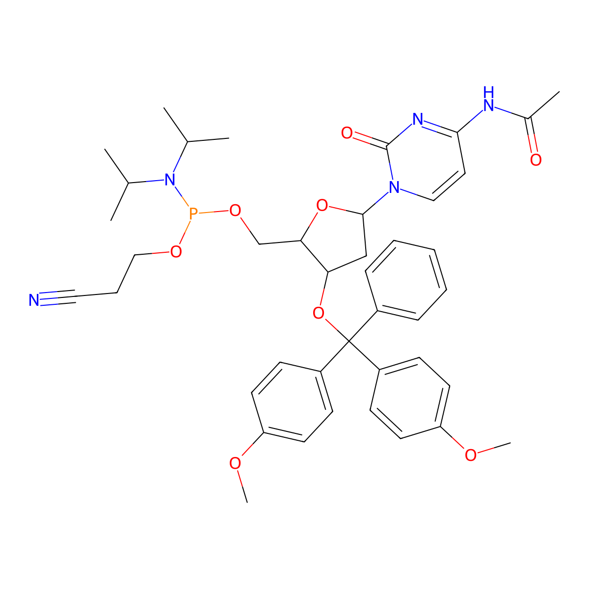 ((2R,3S,5R)-5-(4-Acetamido-2-oxopyrimidin-1(2H)-yl)-3-(bis(4-methoxyphenyl)(phenyl)methoxy)tetrahydrofuran-2-yl)methyl (2-cyanoethyl) diisopropylphosphoramidite molecular structure, CAS 1632243-18-5