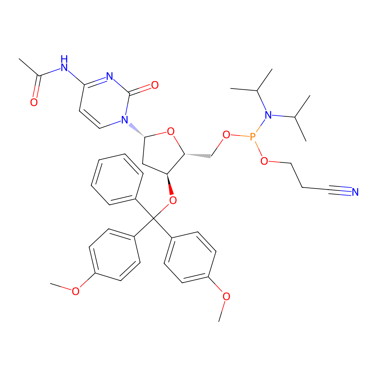 ((2R,3S,5R)-5-(4-Acetamido-2-oxopyrimidin-1(2H)-yl)-3-(bis(4-methoxyphenyl)(phenyl)methoxy)tetrahydrofuran-2-yl)methyl (2-cyanoethyl) diisopropylphosphoramidite molecular structure, CAS 1632243-18-5