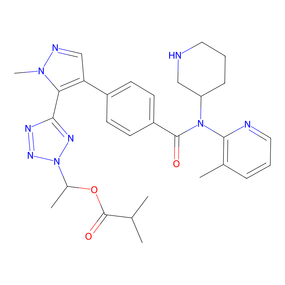 (1S)-1-[5-(1-methyl-4-{4-[(3-methylpyridin-2-yl)[(3R)-piperidin-3-yl]carbamoyl]phenyl}-1H-pyrazol-5-yl)-2H-1,2,3,4-tetrazol-2-yl]ethyl 2-methylpropanoate molecular structure, CAS 1632250-94-2