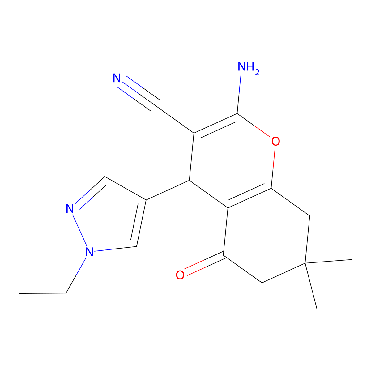2-Amino-4-(1-ethyl-1H-pyrazol-4-YL)-7,7-dimethyl-5-oxo-5,6,7,8-tetrahydro-4H-chromen-3-YL cyanide molecular structure, CAS 1632282-42-8