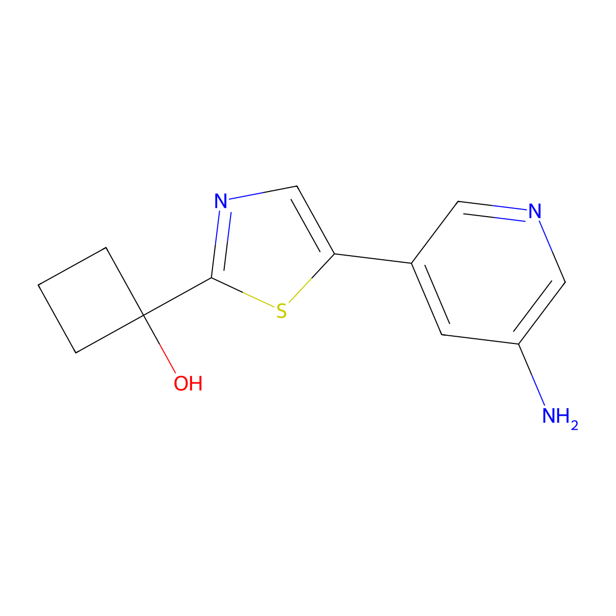 1-[5-(5-Aminopyridin-3-yl)-1,3-thiazol-2-yl]cyclobutanol molecular structure, CAS 1632357-09-5