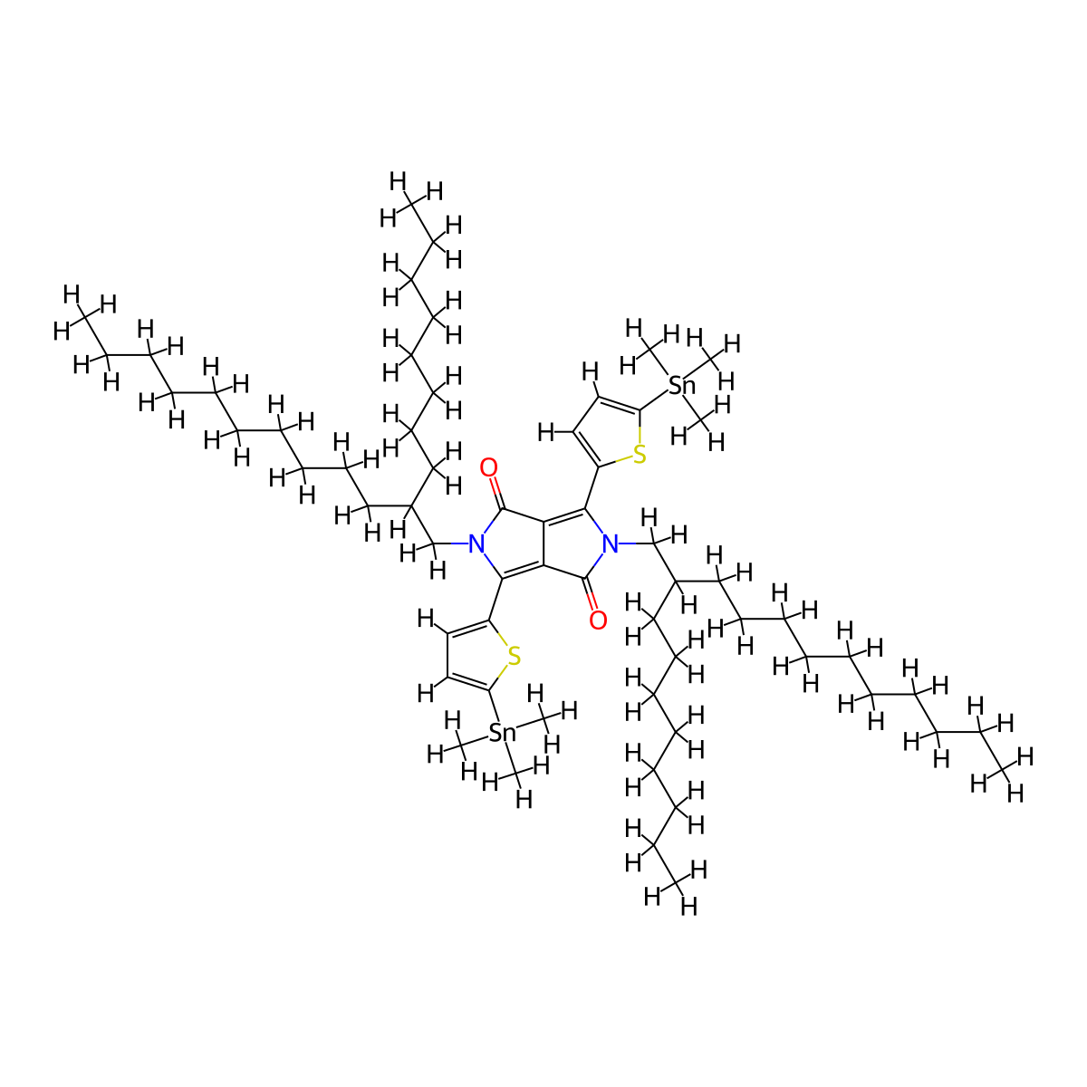2,5-Bis(2-octyldodecyl)-3,6-bis(5-(trimethylstannyl)thiophen-2-yl)-2,5-dihydropyrrolo[3,4-c]pyrrole-1,4-dione molecular structure, CAS 1632459-72-3