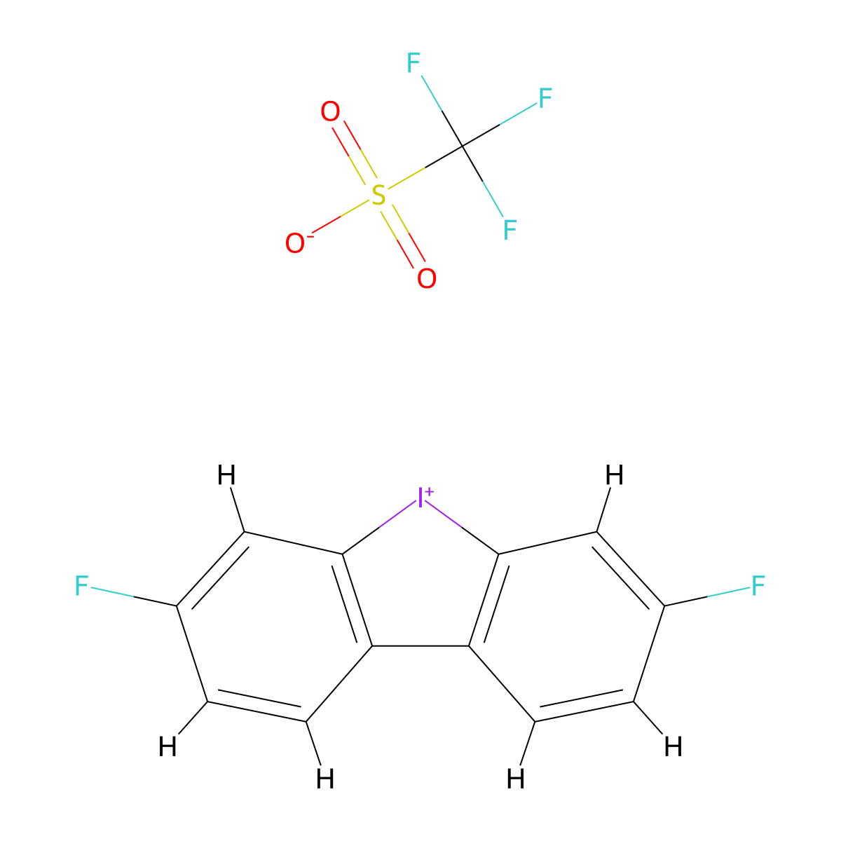 5,11-Difluoro-8-iodoniatricyclo[7.4.0.02,7]trideca-1(9),2(7),3,5,10,12-hexaene;trifluoromethanesulfonate molecular structure, CAS 1632986-75-4