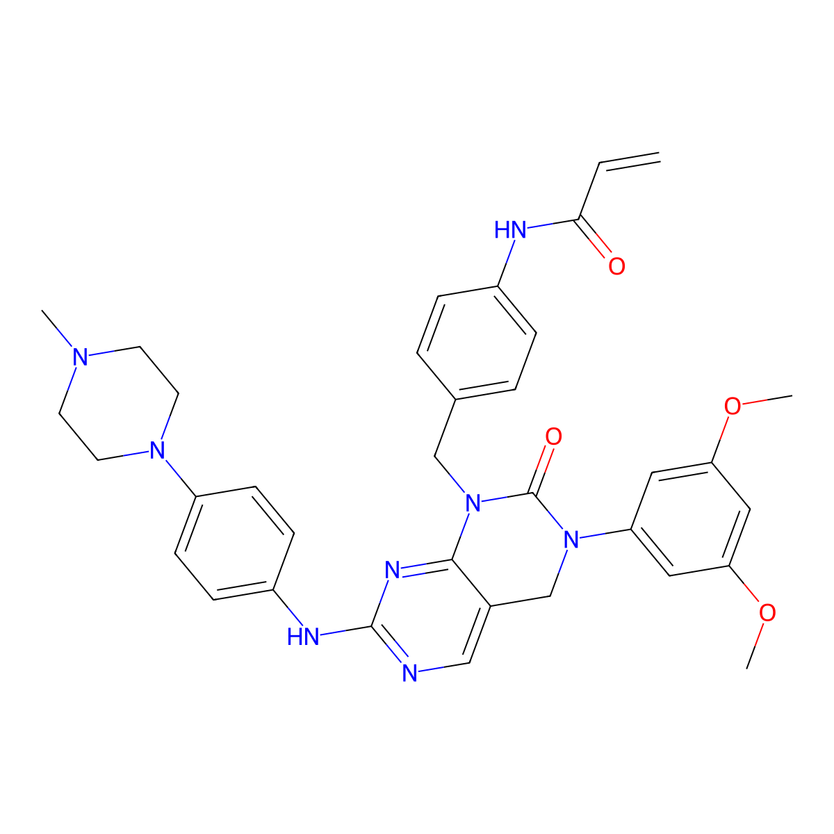 N-(4-((3-(3,5-Dimethoxyphenyl)-7-((4-(4-methylpiperazin-1-yl)phenyl)amino)-2-oxo-3,4-dihydropyrimido[4,5-d]pyrimidin-1(2H)-yl)methyl)phenyl)acrylamide molecular structure, CAS 1633044-56-0