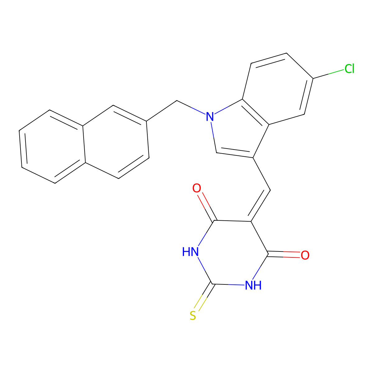 5-[[5-Chloro-1-(naphthalen-2-ylmethyl)indol-3-yl]methylidene]-2-sulfanylidene-1,3-diazinane-4,6-dione molecular structure, CAS 1633660-76-0
