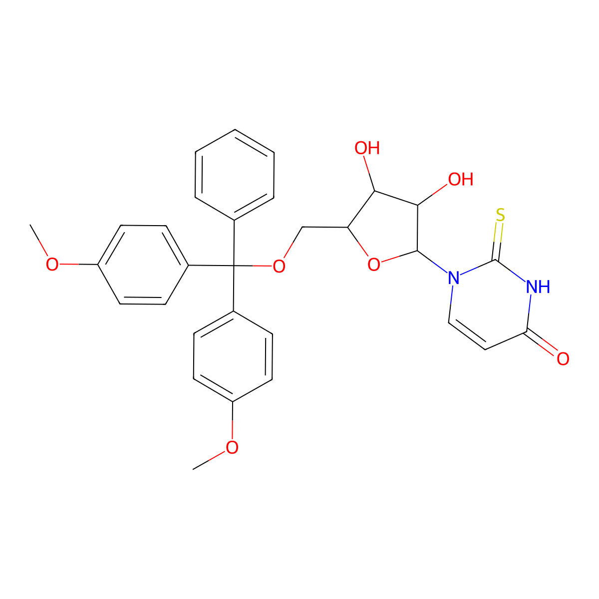 1-((2R,3R,4S,5R)-5-((Bis(4-methoxyphenyl)(phenyl)methoxy)methyl)-3,4-dihydroxytetrahydrofuran-2-yl)-2-thioxo-2,3-dihydropyrimidin-4(1H)-one molecular structure, CAS 163496-06-8