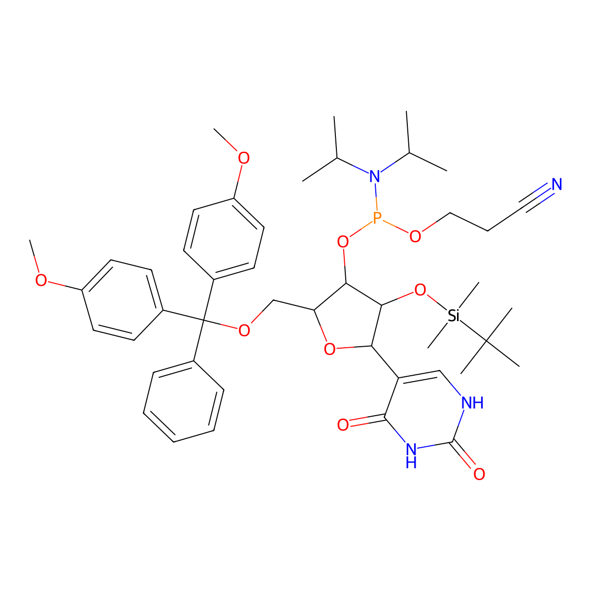 (2R,3R,4S,5S)-2-((Bis(4-methoxyphenyl)(phenyl)methoxy)methyl)-4-((tert-butyldimethylsilyl)oxy)-5-(2,4-dioxo-1,2,3,4-tetrahydropyrimidin-5-yl)tetrahydrofuran-3-yl (2-cyanoethyl) diisopropylphosphoramidite molecular structure, CAS 163496-23-9