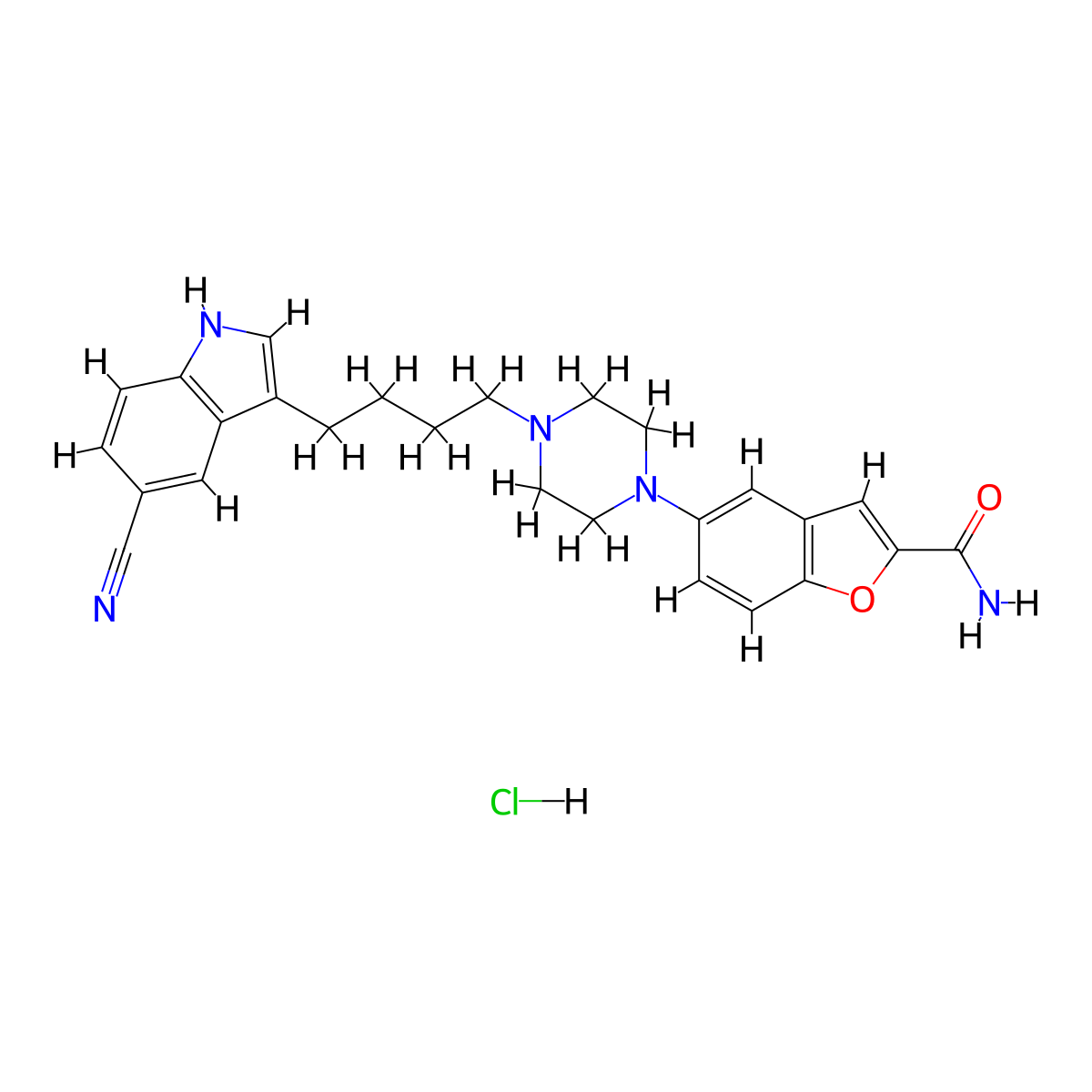 2-benzofurancarboxamide, 5-(4-(4-(5-cyano-1H-indol-3-yl)butyl)-1-piperazinyl)-, hydrochloride (1:1) molecular structure, CAS 163521-08-2