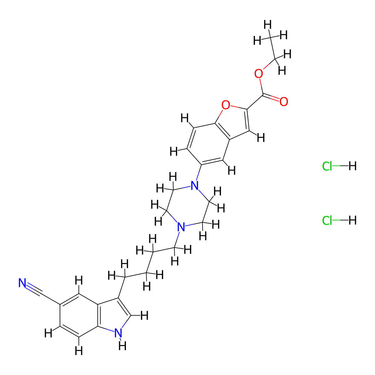 ethyl 5-(4-(4-(5-cyano-1H-indol-3-yl)butyl)piperazin-1-yl)benzofuran-2-carboxylate (dihydrochloride) molecular structure, CAS 163521-09-3