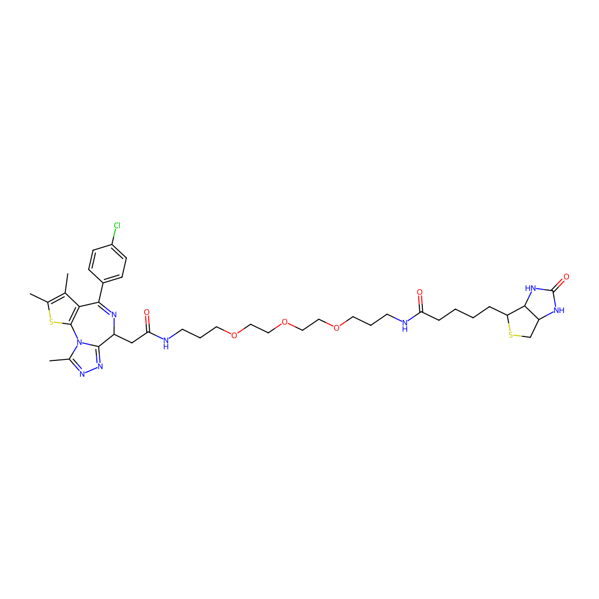N-(1-((S)-4-(4-Chlorophenyl)-2,3,9-trimethyl-6H-thieno[3,2-F][1,2,4]triazolo[4,3-A][1,4]diazepin-6-YL)-2-oxo-7,10,13-trioxa-3-azahexadecan-16-YL)-5-((3AS,4S,6AR)-2-oxohexahydro-1H-thieno[3,4-D]imidazol-4-YL)pentanamide molecular structure, CAS 1635437-52-3