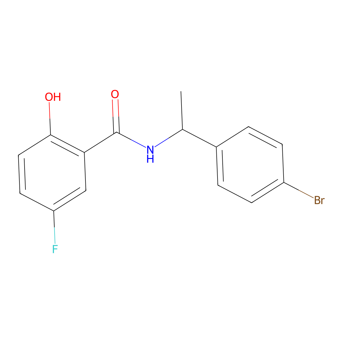N-((1R)-1-(4-bromophenyl)ethyl)-5-fluoro-2-hydroxybenzamide molecular structure, CAS 163669-81-6