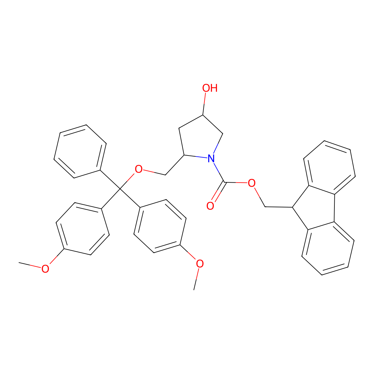 (9H-Fluoren-9-yl)methyl (2S,4R)-2-((bis(4-methoxyphenyl)(phenyl)methoxy)methyl)-4-hydroxypyrrolidine-1-carboxylate molecular structure, CAS 163671-10-1
