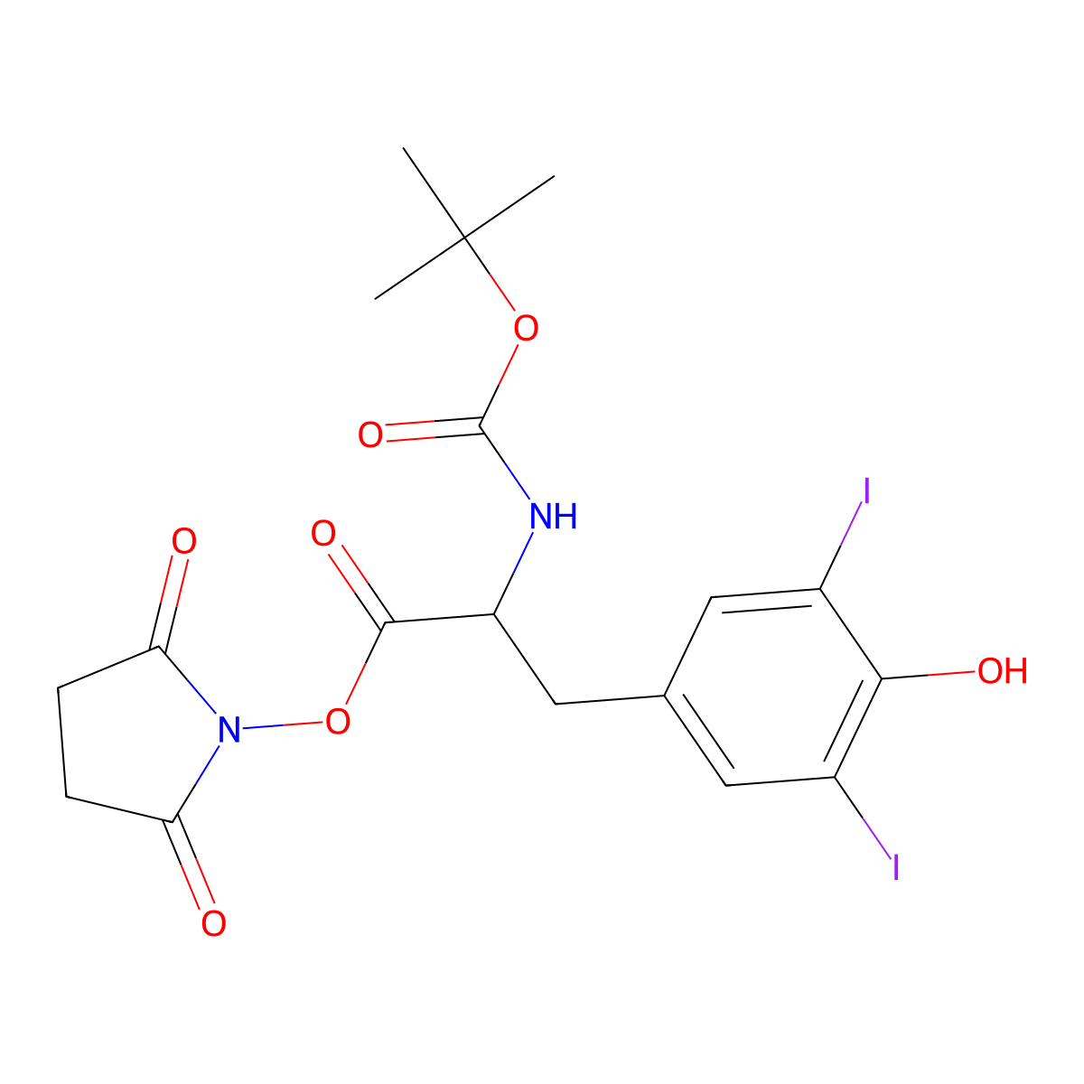 (S)-2,5-Dioxopyrrolidin-1-yl 2-((tert-butoxycarbonyl)amino)-3-(4-hydroxy-3,5-diiodophenyl)propanoate molecular structure, CAS 163679-35-4