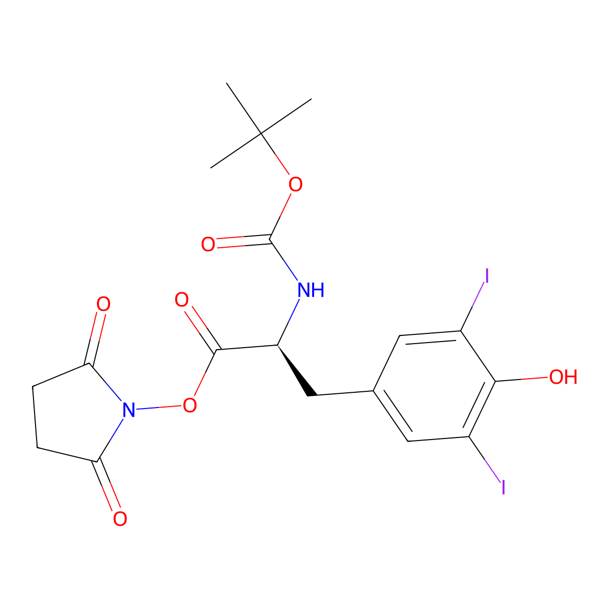 (S)-2,5-Dioxopyrrolidin-1-yl 2-((tert-butoxycarbonyl)amino)-3-(4-hydroxy-3,5-diiodophenyl)propanoate molecular structure, CAS 163679-35-4