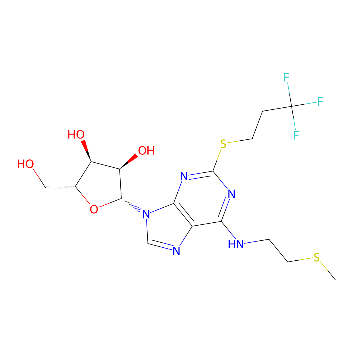 (2R,3S,4R,5R)-2-(Hydroxymethyl)-5-(6-(2-methylsulfanylethylamino)-2-(3,3,3-trifluoropropylsulfanyl)purin-9-yl)tetrahydrofuran-3,4-diol molecular structure, CAS 163706-58-9