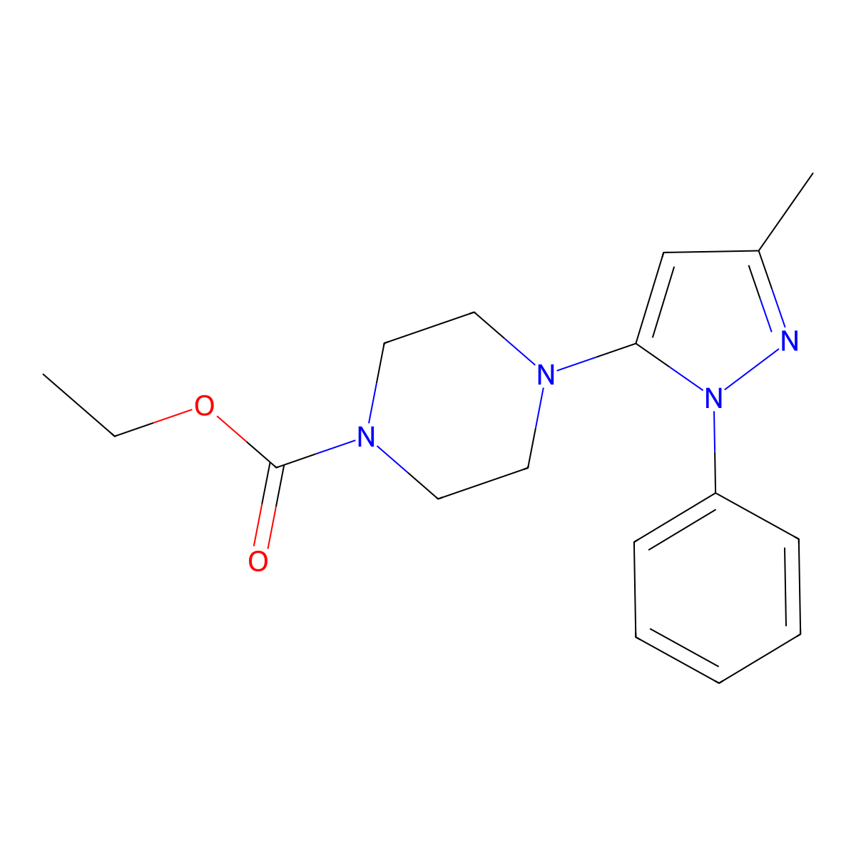 Ethyl 4-(3-methyl-1-phenyl-1H-pyrazol-5-yl)piperazine-1-carboxylate molecular structure, CAS 1637223-69-8