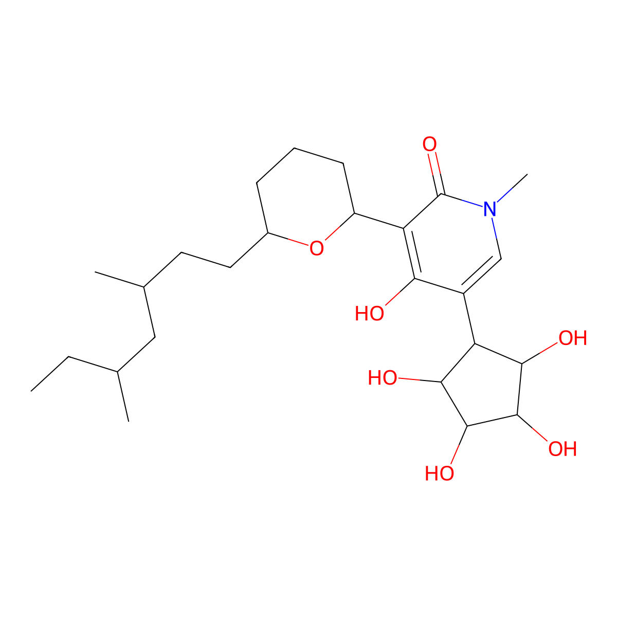 3-[6-(3,5-dimethylheptyl)tetrahydro-2H-pyran-2-yl]-4-hydroxy-1-methyl-5-(2,3,4,5-tetrahydroxycyclopentyl)-2(1H)-pyridinone molecular structure, CAS 1637356-98-9