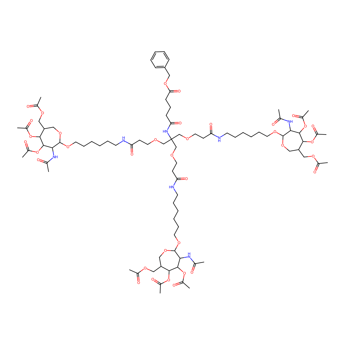 benzyl 4-[(1,3-bis(2-[(6-{[(2R,3R,4R,5R,6R)-4,5-bis(acetyloxy)-6-[(acetyloxy)methyl]-3-acetamidooxepan-2-yl]oxy}hexyl)carbamoyl]ethoxy)-2-[(2-[(6-{[(2R,3R,4R,5R,6R)-4,5-bis(acetyloxy)-6-[(acetyloxy)methyl]-3-acetamidooxepan-2-yl]oxy}hexyl)carbamoyl]ethoxy)methyl]propan-2-yl)carbamoyl]butanoate molecular structure, CAS 1637413-81-0
