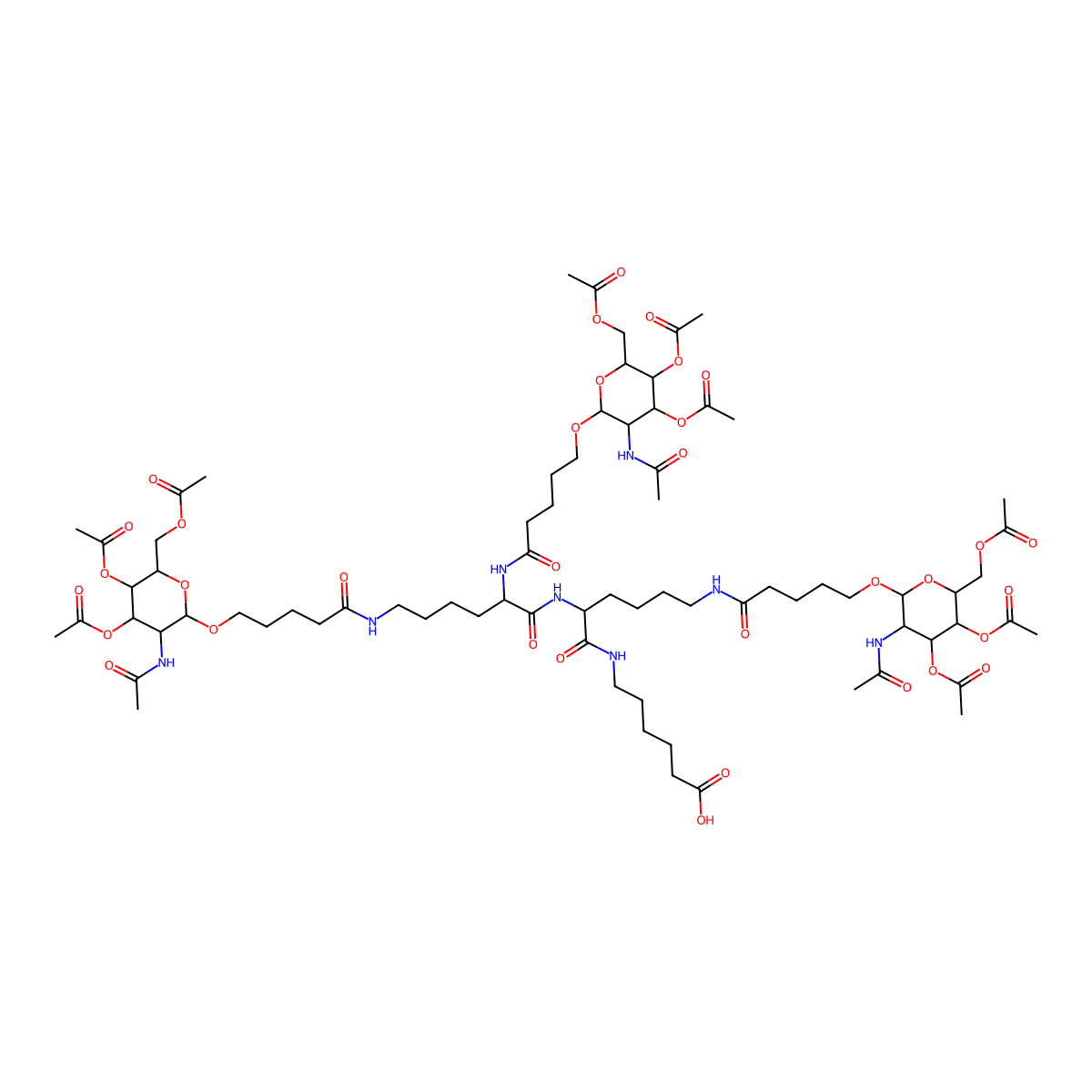 6-((S)-6-(5-(((2R,3R,4R,5R,6R)-3-Acetamido-4,5-diacetoxy-6-(acetoxymethyl)tetrahydro-2H-pyran-2-YL)oxy)pentanamido)-2-((S)-2,6-bis(5-(((2R,3R,4R,5R,6R)-3-acetamido-4,5-diacetoxy-6-(acetoxymethyl)tetrahydro-2H-pyran-2-YL)oxy)pentanamido)hexanamido)hexanamido)hexanoic acid molecular structure, CAS 1637413-85-4