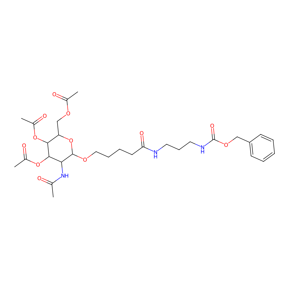 (2R,3R,4R,5R,6R)-5-acetamido-2-(acetoxymethyl)-6-((5-((3-(((benzyloxy)carbonyl)amino)propyl)amino)-5-oxopentyl)oxy)tetrahydro-2H-pyran-3,4-diyl diacetate molecular structure, CAS 1637413-95-6