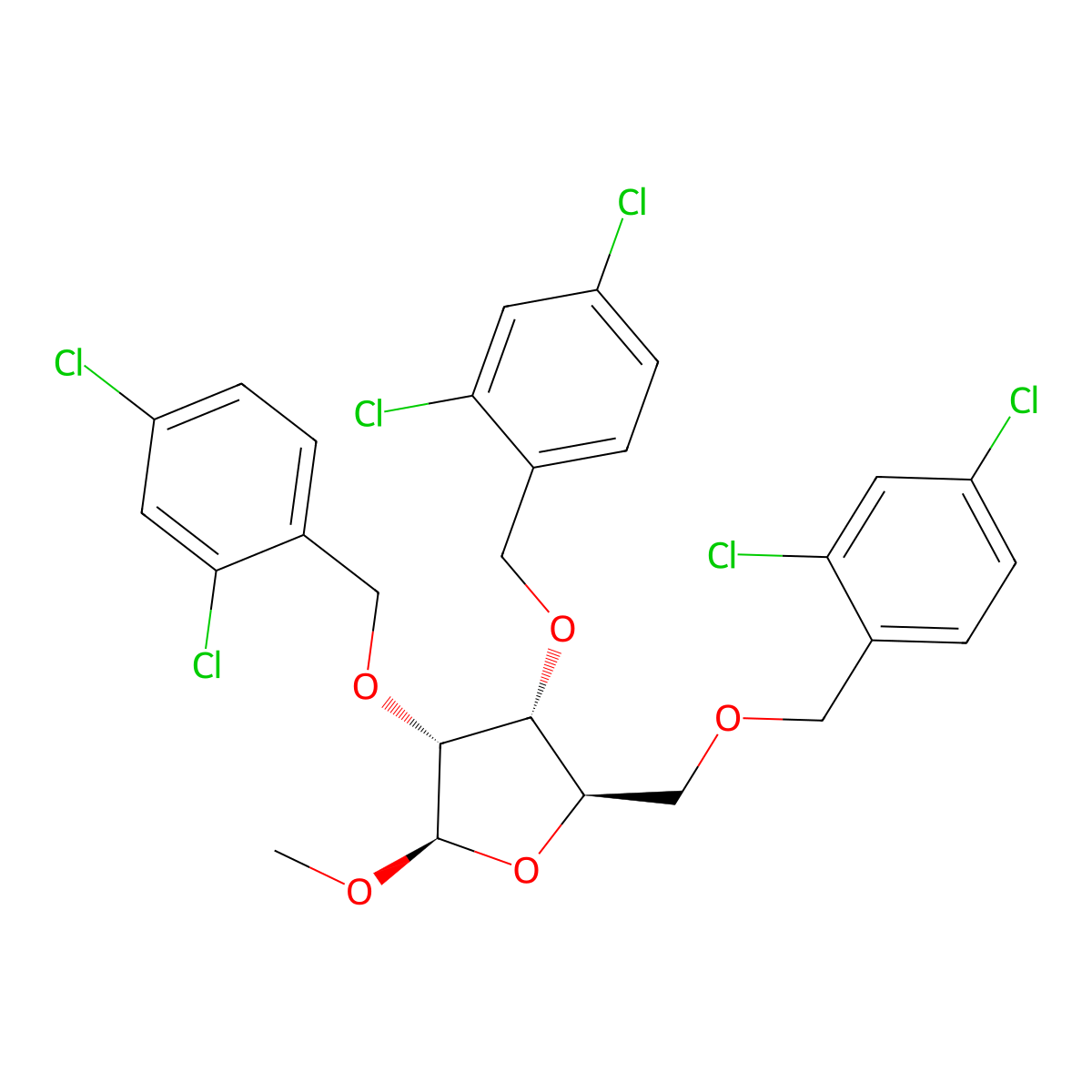 beta-D-Ribofuranoside, methyl 2,3,5-tris-O-[(2,4-dichlorophenyl)methyl]- molecular structure, CAS 163759-40-8