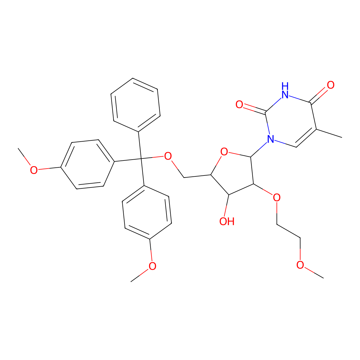 1-((2R,3R,4R,5R)-5-((bis(4-methoxyphenyl)(phenyl)methoxy)methyl)-4-hydroxy-3-(2-methoxyethoxy)tetrahydrofuran-2-yl)-5-methylpyrimidine-2,4(1H,3H)-dione molecular structure, CAS 163759-50-0