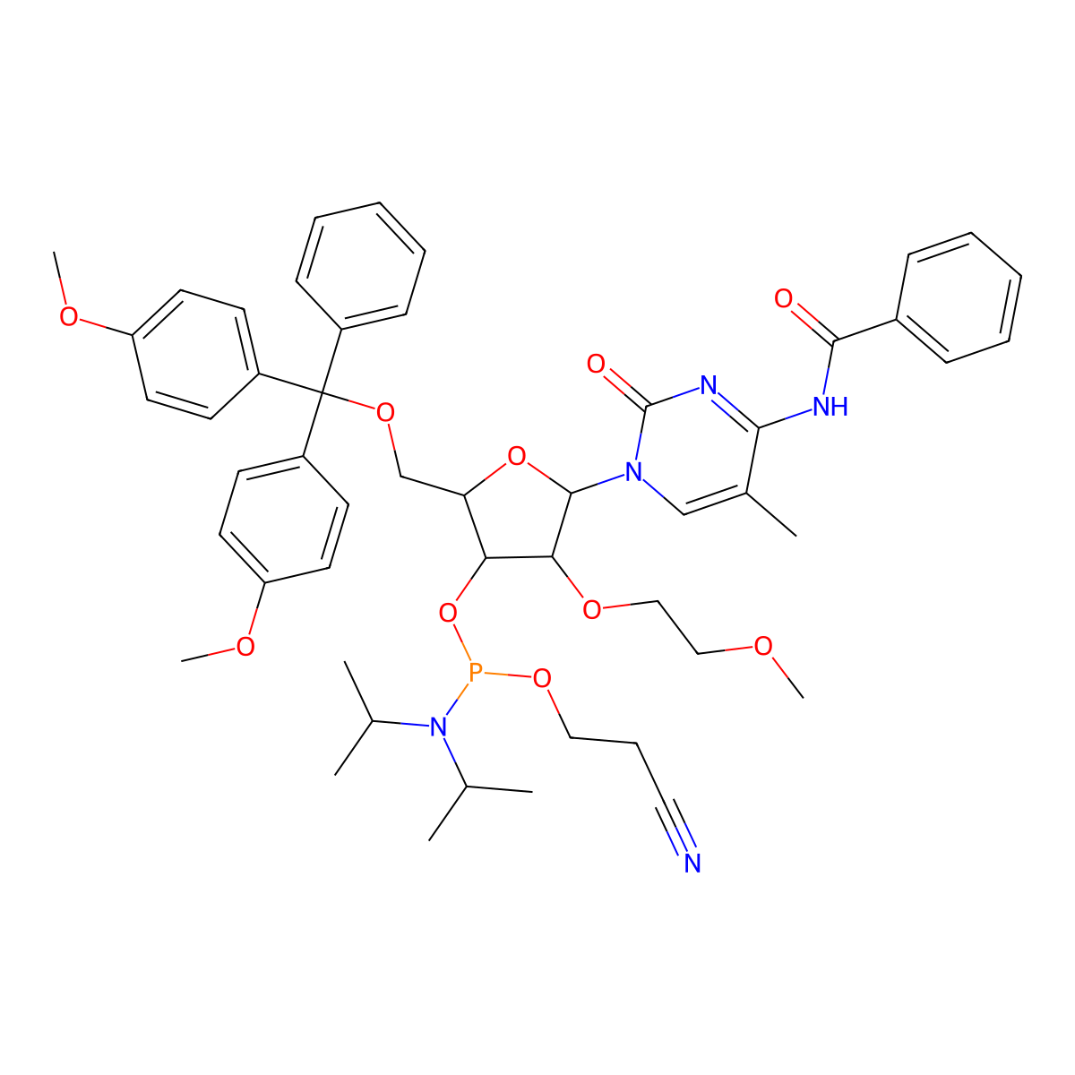 N-Benzoyl-5'-O-(4,4'-dimethoxytrityl)-3'-O-((2-cyanoethoxy)(diisopropylamino)phosphino)-2'-O-(2-methoxyethyl)-5-methylcytidine molecular structure, CAS 163759-94-2
