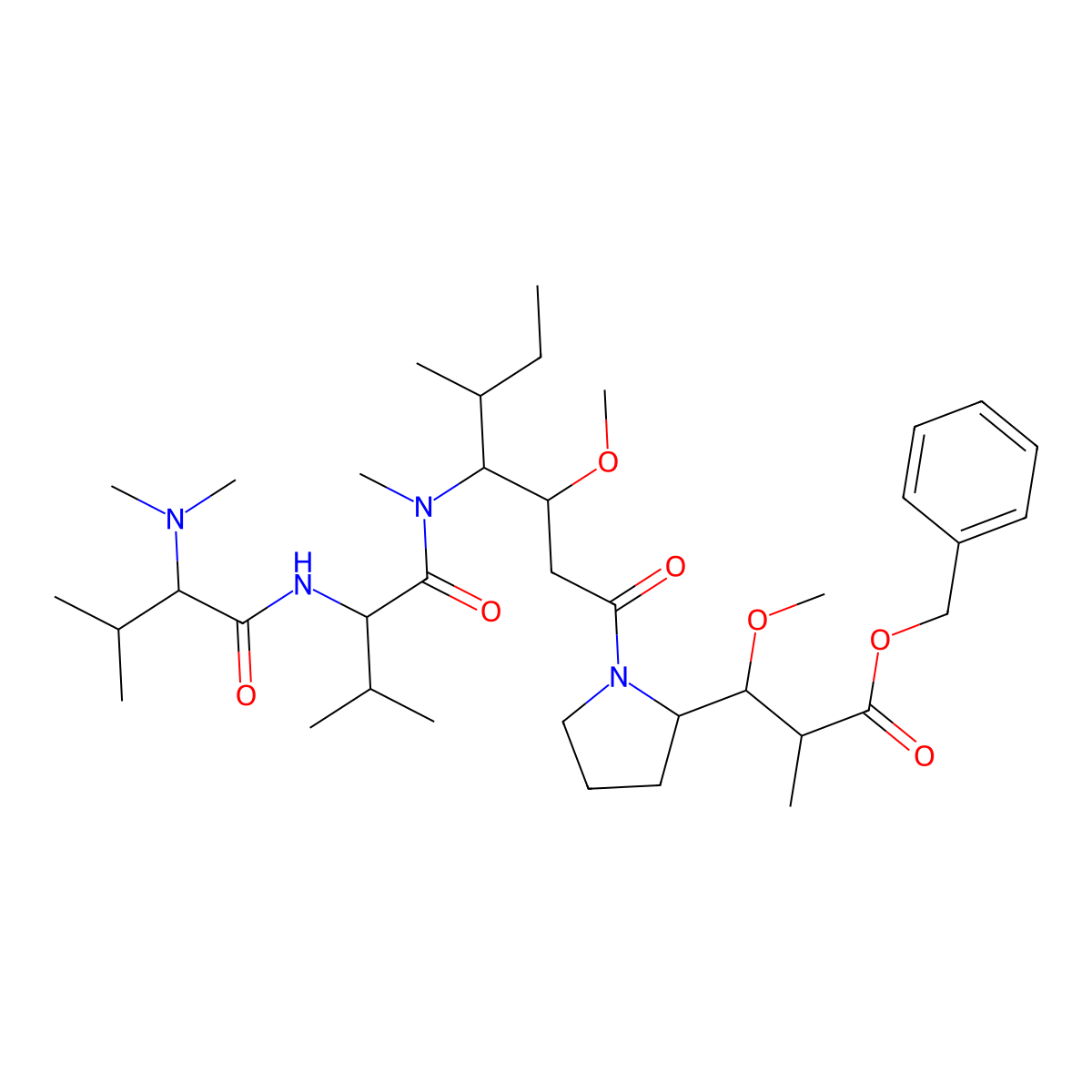 benzyl (2R,3R)-3-((S)-1-((3R,4S,5S)-4-((S)-2-((S)-2-(dimethylamino)-3-methylbutanamido)-N,3-dimethylbutanamido)-3-methoxy-5-methylheptanoyl)pyrrolidin-2-yl)-3-methoxy-2-methylpropanoate molecular structure, CAS 163768-52-3