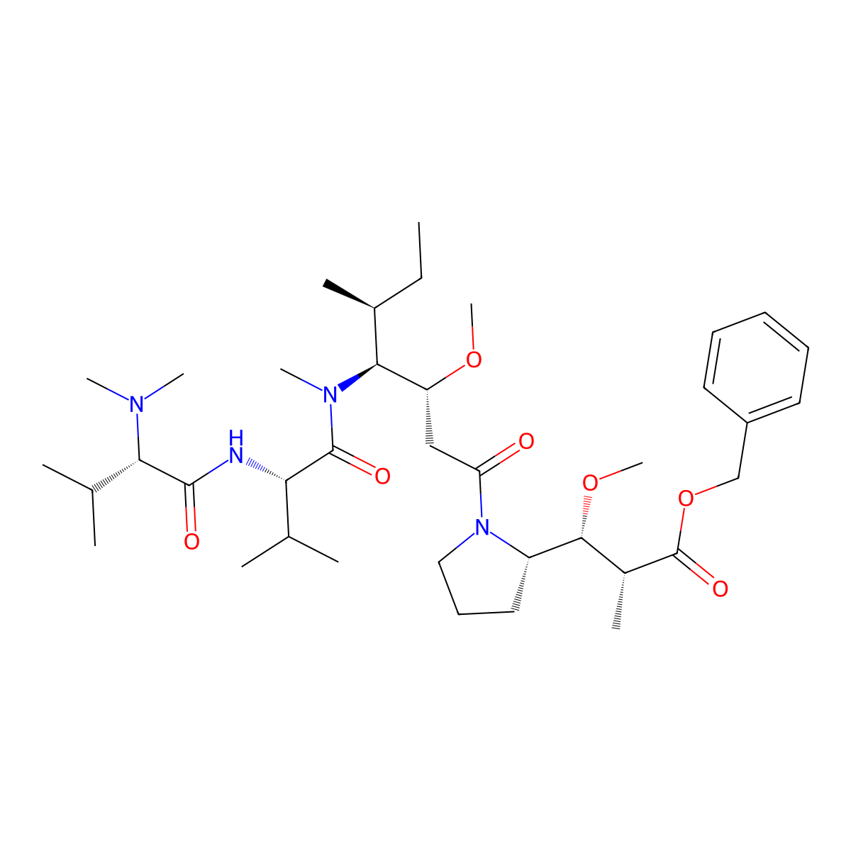 benzyl (2R,3R)-3-((S)-1-((3R,4S,5S)-4-((S)-2-((S)-2-(dimethylamino)-3-methylbutanamido)-N,3-dimethylbutanamido)-3-methoxy-5-methylheptanoyl)pyrrolidin-2-yl)-3-methoxy-2-methylpropanoate molecular structure, CAS 163768-52-3