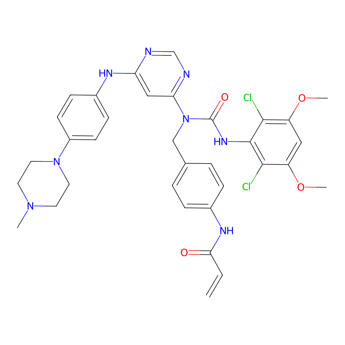 N-(4-((3-(2,6-dichloro-3,5-dimethoxyphenyl)-1-(6-((4-(4-methylpiperazin-1-yl)phenyl)amino)pyrimidin-4-yl)ureido)methyl)phenyl)acrylamide molecular structure, CAS 1637735-84-2