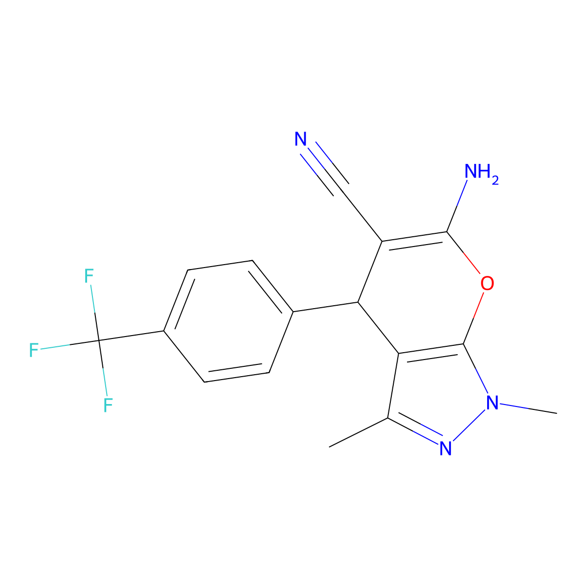 6-amino-1,3-dimethyl-4-[4-(trifluoromethyl)phenyl]-1H,4H-pyrano[2,3-c]pyrazole-5-carbonitrile molecular structure, CAS 1637739-82-2