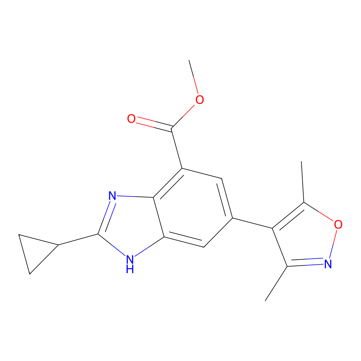 methyl 2-cyclopropyl-5-(3,5-dimethylisoxazol-4-yl)-1H-benzo[d]imidazole-7-carboxylate molecular structure, CAS 1637771-11-9