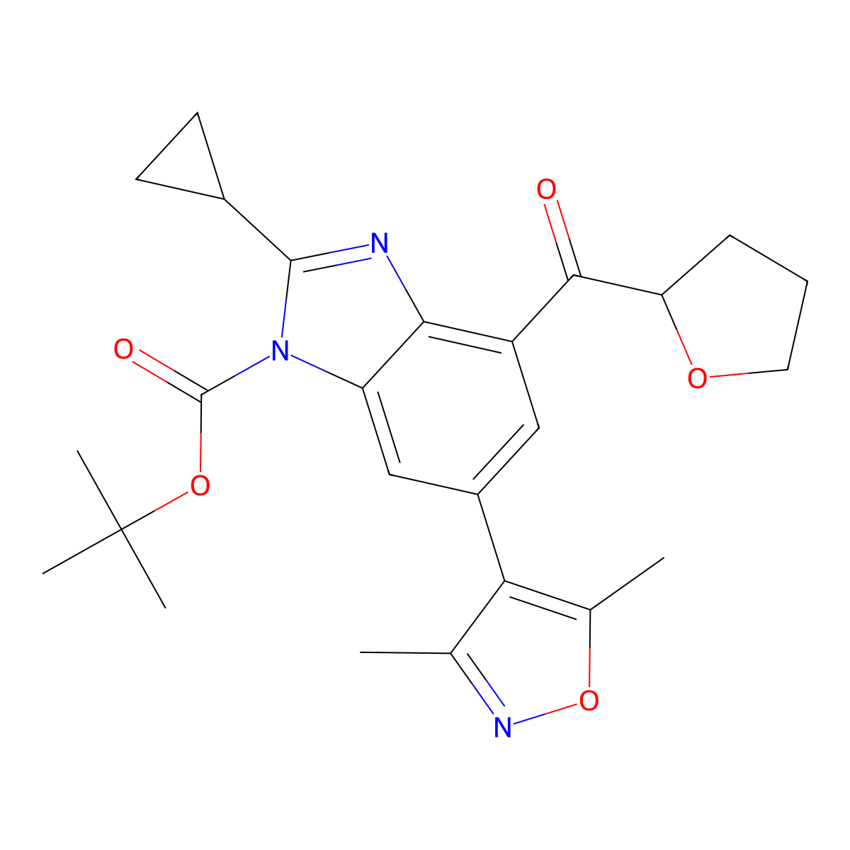 tert-butyl 2-cyclopropyl-6-(3,5-dimethylisoxazol-4-yl)-4-(tetrahydrofuran-2-carbonyl)-1H-benzo[d]imidazole-1-carboxylate molecular structure, CAS 1637773-87-5