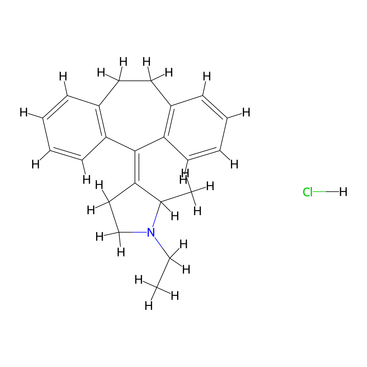 Pyrrolidine, 3-(10,11-dihydro-5H-dibenzo(a,d)cyclohepten-5-ylidene)-1-ethyl-2-methyl-, hydrochloride (1:1) molecular structure, CAS 16378-22-6