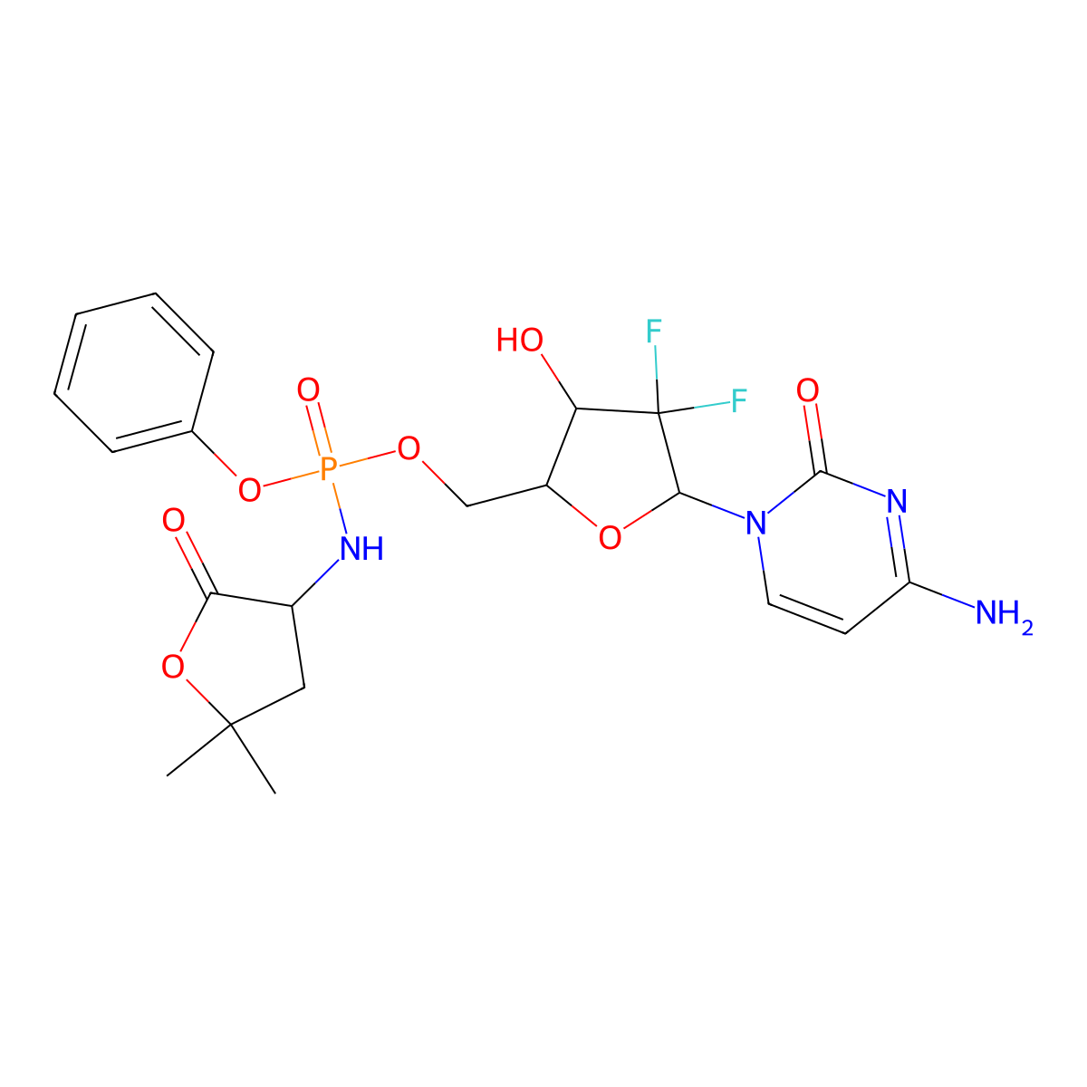 ((2R,3R,5R)-5-(4-Amino-2-oxopyrimidin-1(2H)-yl)-4,4-difluoro-3-hydroxytetrahydrofuran-2-yl)methyl phenyl (5,5-dimethyl-2-oxotetrahydrofuran-3-yl)phosphoramidate molecular structure, CAS 1638215-68-5