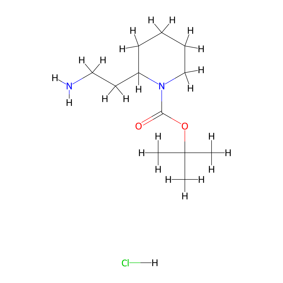 Tert-butyl 2-(2-aminoethyl)-1-piperidinecarboxylate hydrochloride molecular structure, CAS 1638221-23-4