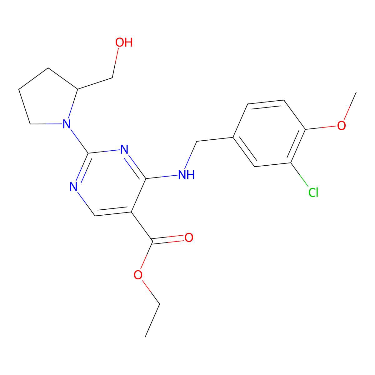 (R)-Ethyl 4-((3-chloro-4-methoxybenzyl)amino)-2-(2-(hydroxymethyl)pyrrolidin-1-yl)pyrimidine-5-carboxylate molecular structure, CAS 1638497-22-9
