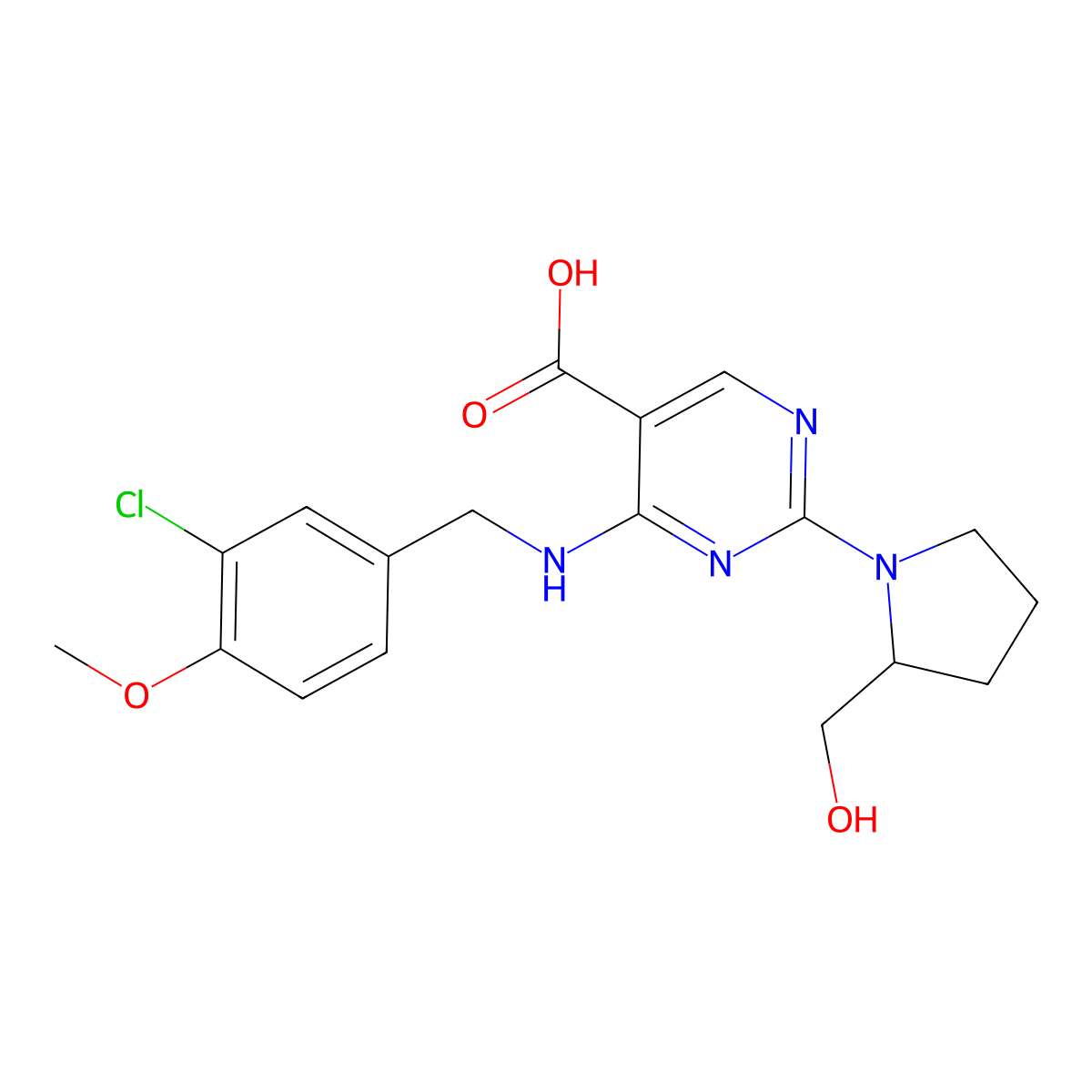 (R)-4-((3-Chloro-4-methoxybenzyl)amino)-2-(2-(hydroxymethyl)pyrrolidin-1-yl)pyrimidine-5-carboxylic acid molecular structure, CAS 1638497-25-2