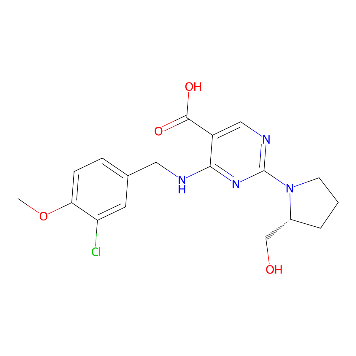 (R)-4-((3-Chloro-4-methoxybenzyl)amino)-2-(2-(hydroxymethyl)pyrrolidin-1-yl)pyrimidine-5-carboxylic acid molecular structure, CAS 1638497-25-2