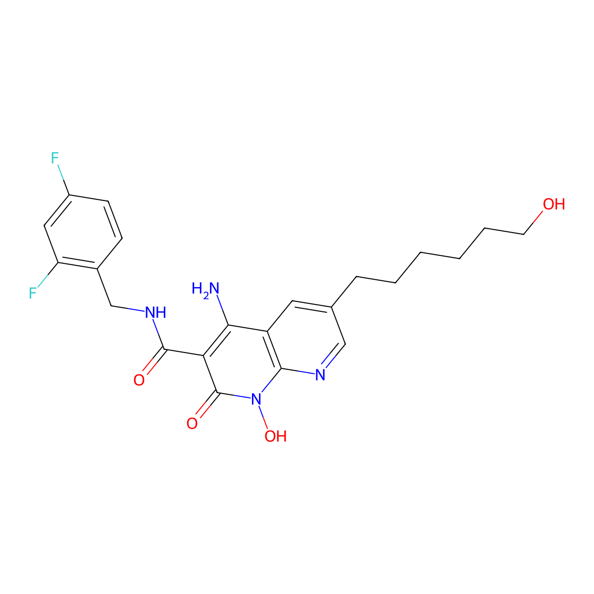 4-Amino-N-[(2,4-difluorophenyl)methyl]-1,2-dihydro-1-hydroxy-6-(6-hydroxyhexyl)-2-oxo-1,8-naphthyridine-3-carboxamide molecular structure, CAS 1638504-52-5