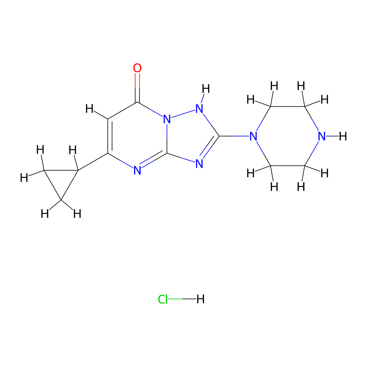 5-cyclopropyl-2-piperazin-1-yl[1,2,4]triazolo[1,5-a]pyrimidin-7(4H)-one hydrochloride molecular structure, CAS 1638612-63-1