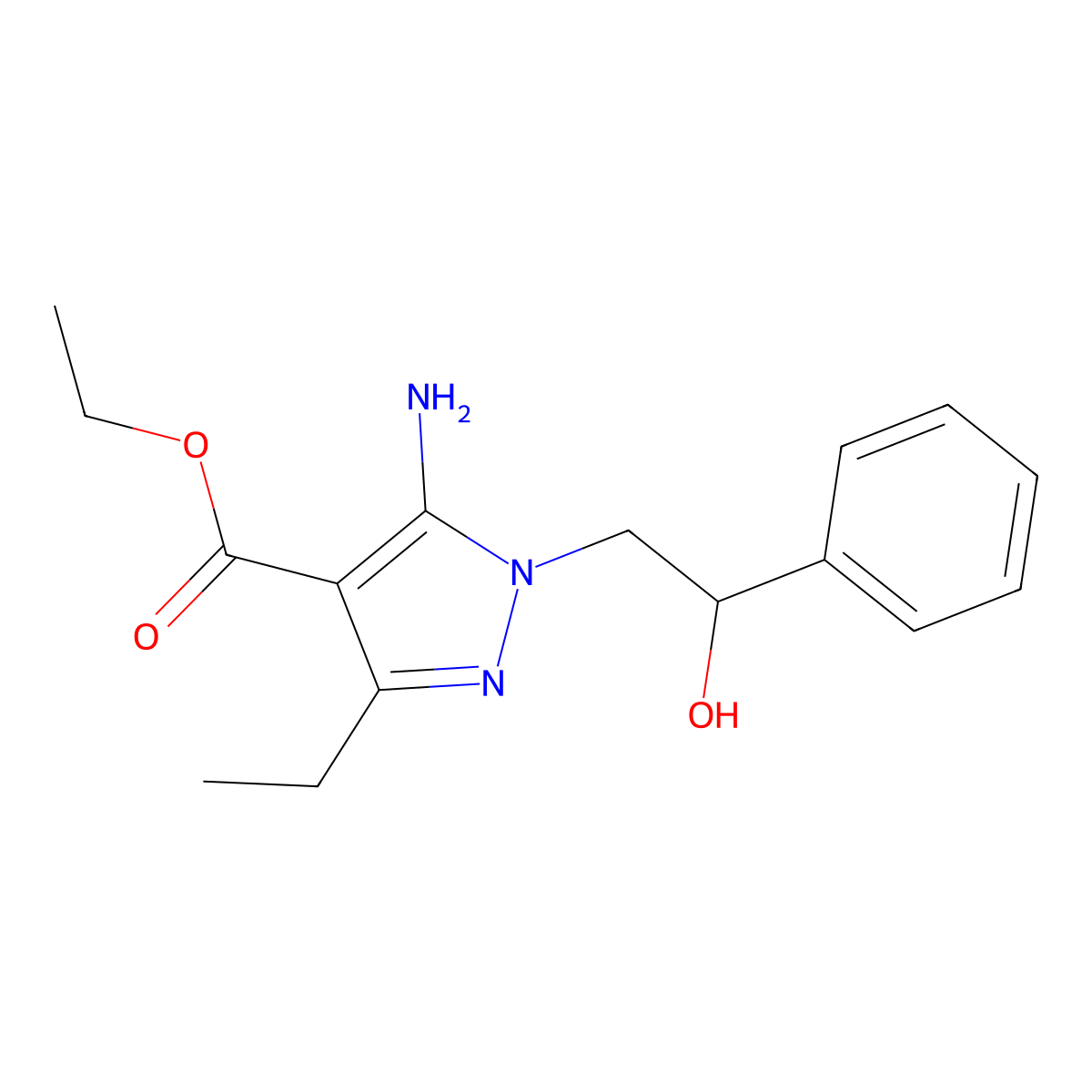 ethyl 5-amino-3-ethyl-1-(2-hydroxy-2-phenylethyl)-1H-pyrazole-4-carboxylate molecular structure, CAS 1638612-77-7