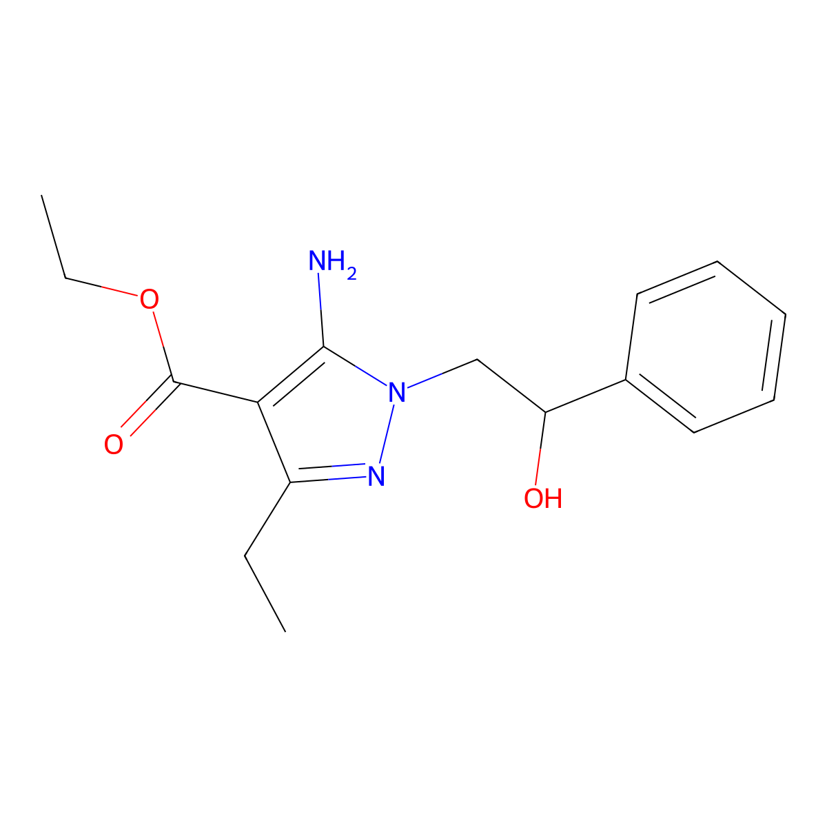 ethyl 5-amino-3-ethyl-1-(2-hydroxy-2-phenylethyl)-1H-pyrazole-4-carboxylate molecular structure, CAS 1638612-77-7
