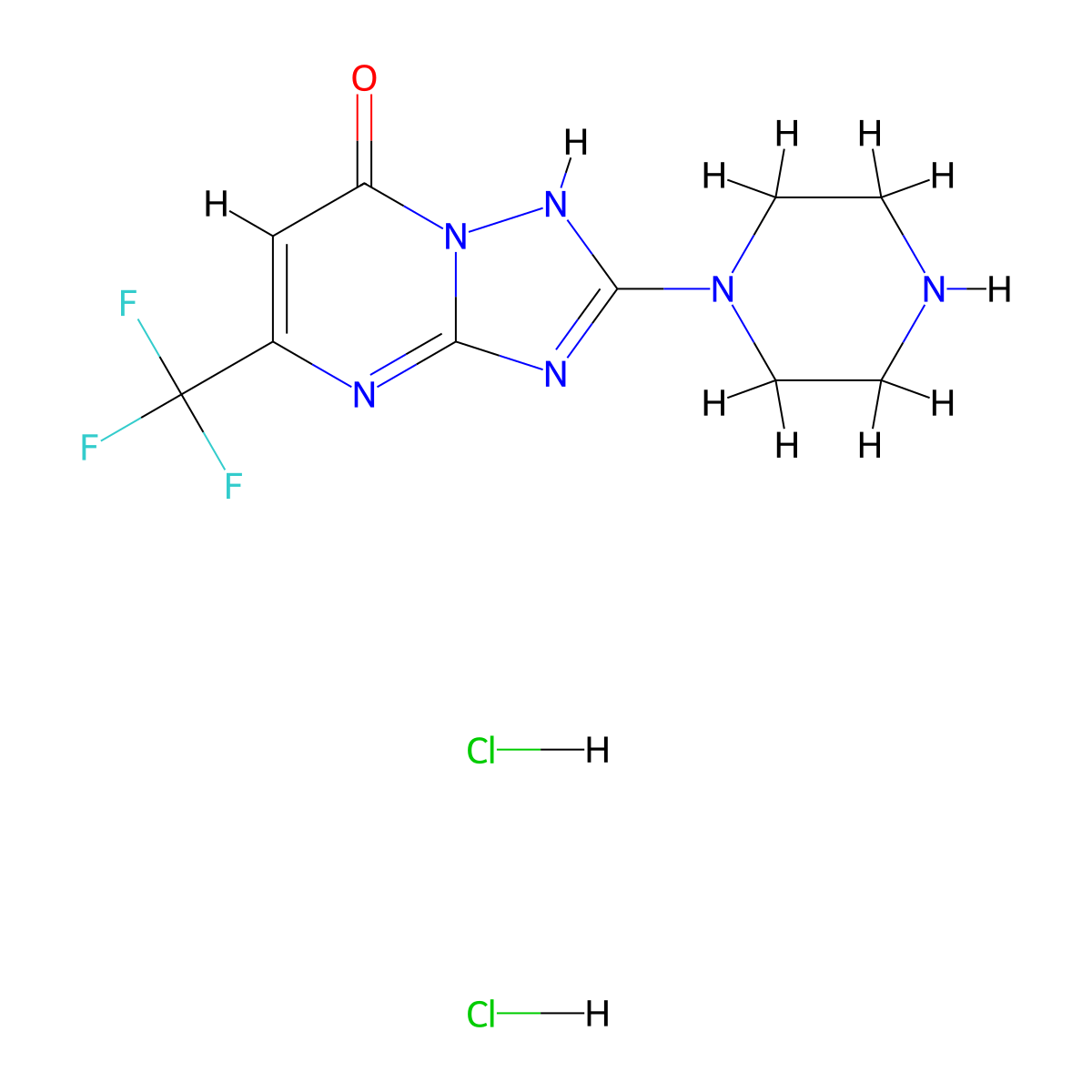 2-piperazin-1-yl-5-(trifluoromethyl)[1,2,4]triazolo[1,5-a]pyrimidin-7(4H)-one dihydrochloride molecular structure, CAS 1638612-91-5