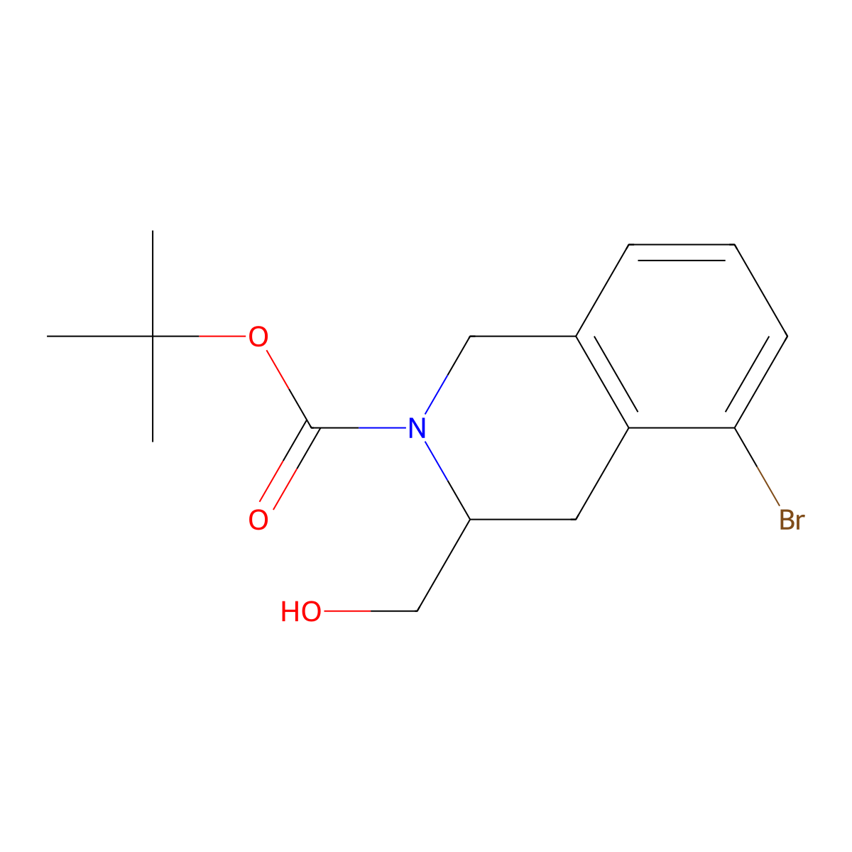 tert-butyl (3R)-5-bromo-3-(hydroxymethyl)-3,4-dihydro-1H-isoquinoline-2-carboxylate molecular structure, CAS 1638668-17-3