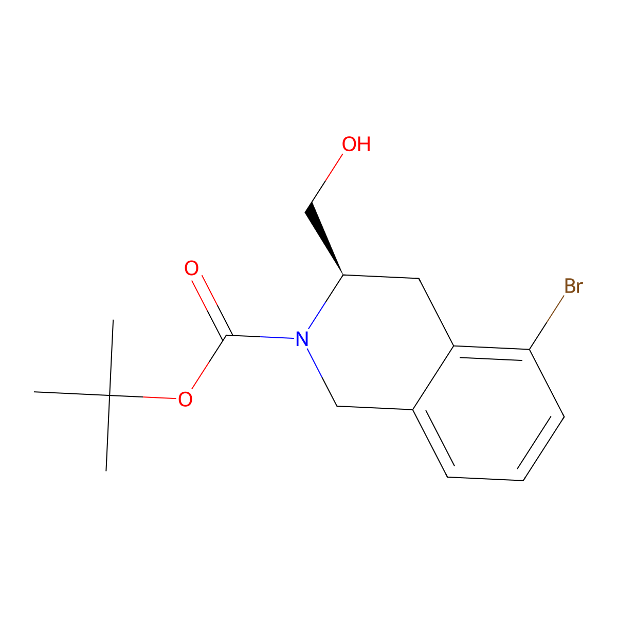 tert-butyl (3R)-5-bromo-3-(hydroxymethyl)-3,4-dihydro-1H-isoquinoline-2-carboxylate molecular structure, CAS 1638668-17-3