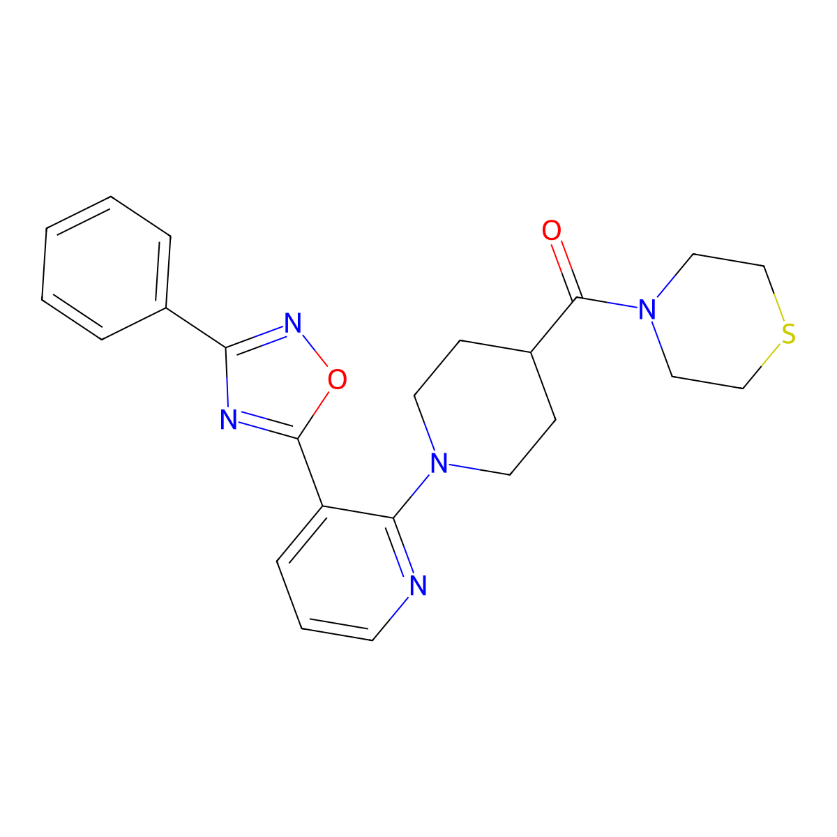 4-{1-[3-(3-Phenyl-1,2,4-oxadiazol-5-YL)pyridin-2-YL]piperidine-4-carbonyl}thiomorpholine molecular structure, CAS 1638709-75-7