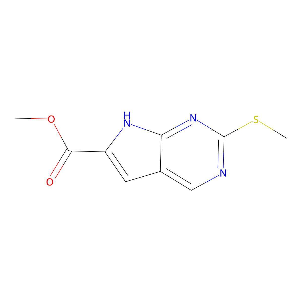 methyl 2-(methylsulfanyl)-7H-pyrrolo[2,3-d]pyrimidine-6-carboxylate molecular structure, CAS 1638759-82-6