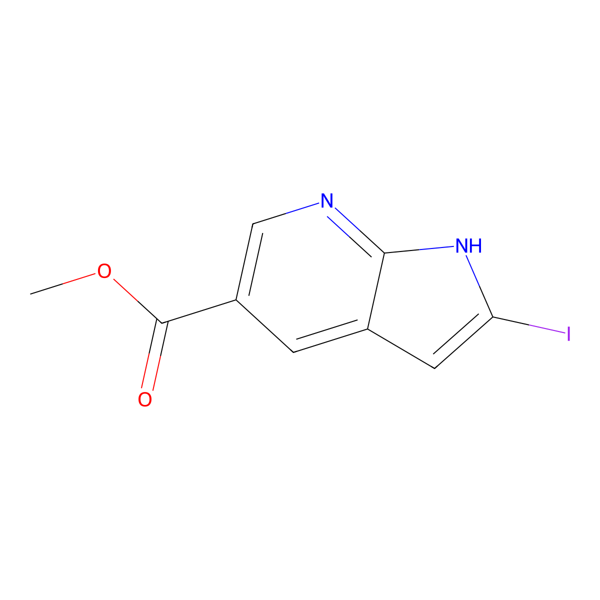 methyl 2-iodo-1H-pyrrolo[2,3-b]pyridine-5-carboxylate molecular structure, CAS 1638760-57-2