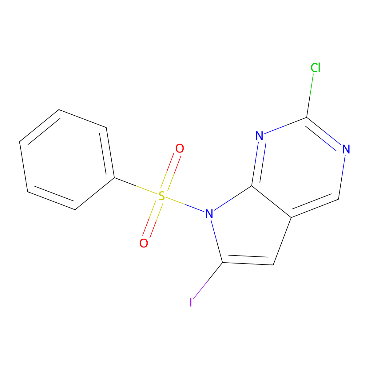 2-Chloro-6-iodo-7-(phenylsulfonyl)-7H-pyrrolo[2,3-d]pyrimidine molecular structure, CAS 1638760-67-4